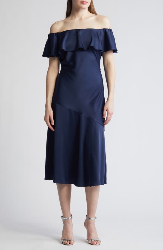 Shop Sam Edelman Off The Shoulder A-line Satin Midi In Navy