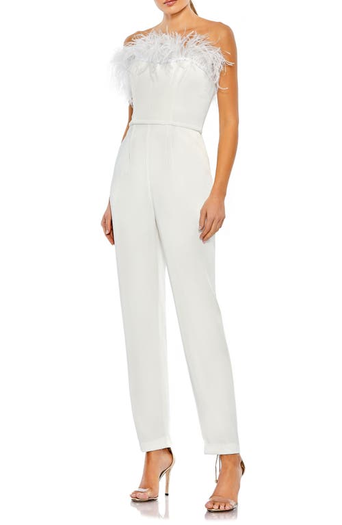 Feather Trim Strapless Jumpsuit in White
