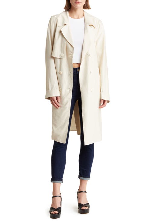 Dolce Cabo Faux Leather Trench Coat with Fur Trim Beige / Xs