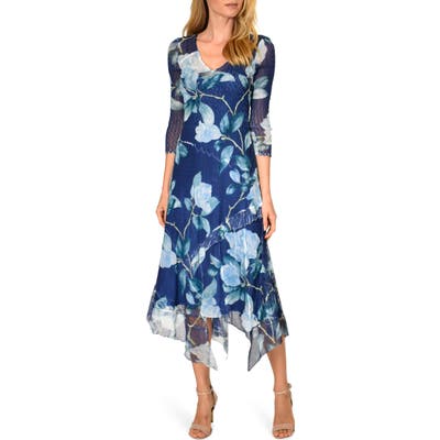 Petite Komarov Floral Charmeuse & Chiffon Midi Dress, Blue/green