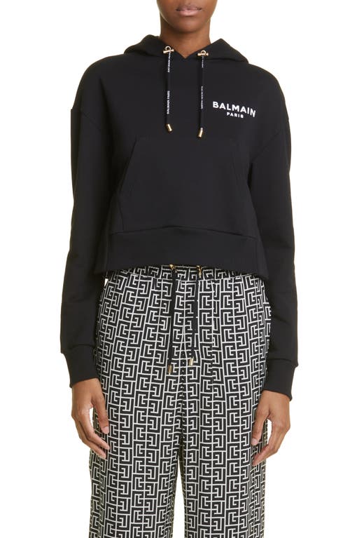 Shop Balmain Flocked Logo Cotton Crop Hoodie In Eab Black/white