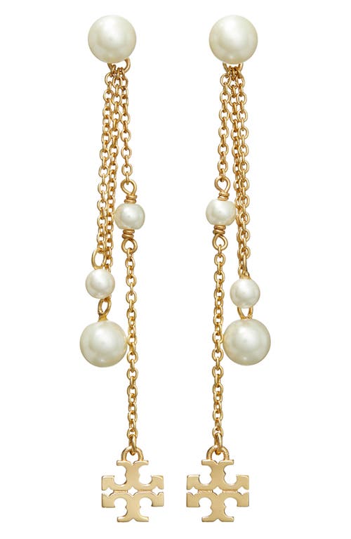 Shop Tory Burch Kira Imitation Pearl Linear Drop Earrings In Tory Gold/cream