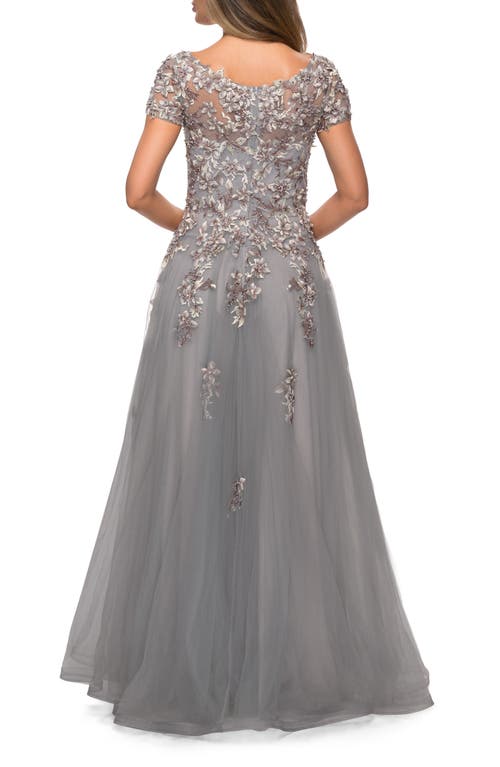 Shop La Femme Short Sleeve A-line Gown With Beaded Lace Appliques In Gray