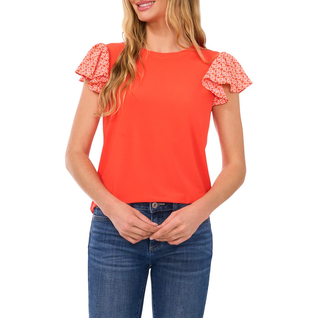 Cece Mixed Media Flutter Sleeve Knit Top In Tigerlily Red