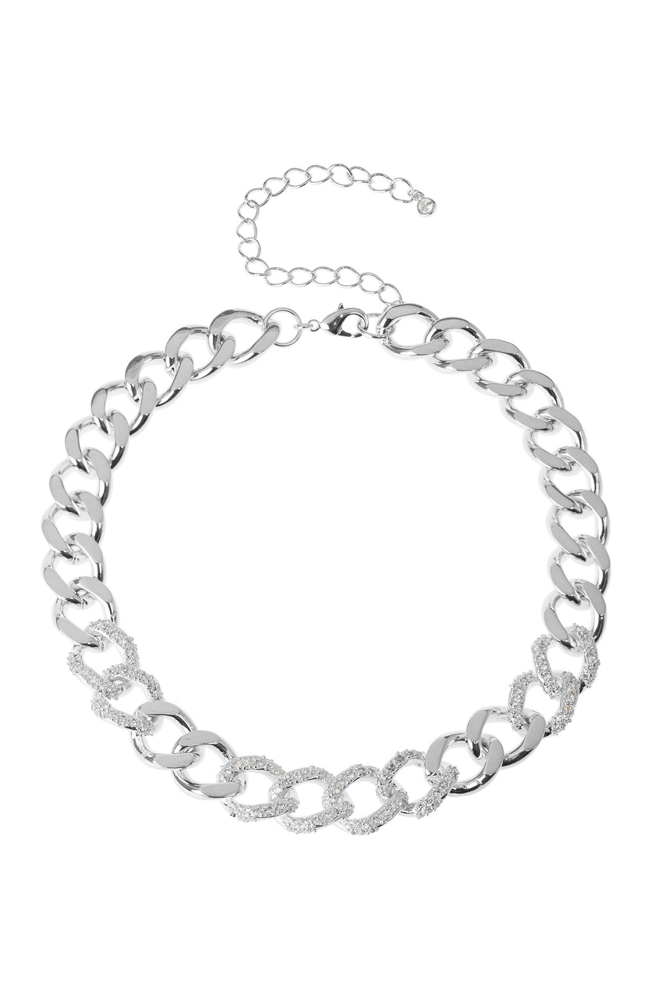 Cz By Kenneth Jay Lane Partial Pave Cz Curb Chain Choker In Clear-silver