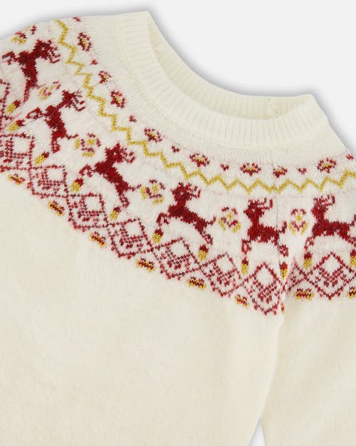 Deux Par Deux Little Girl's Sweater With Christmas Intarsia Off White And Red In Off White