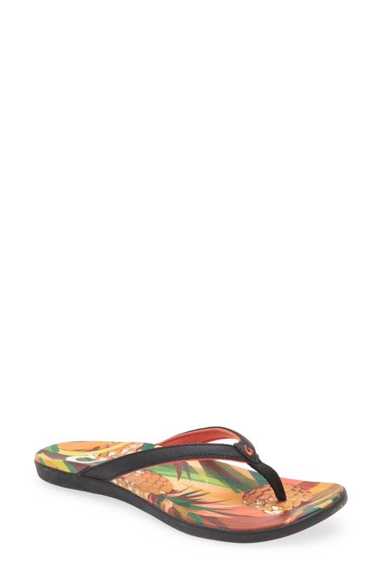 Olukai Ho'opio Hau Flip Flop In Black / Pineapple