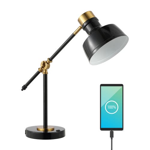Jonathan Y Allegra Classic Farmhouse Adjustable Cantilever Led Task Lamp With Usb Charging Port In Black/brass Gold