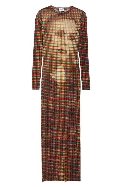 Shop Jean Paul Gaultier Portrait Print Tartan Long Sleeve Mesh Dress In Sepia/yellow/blue