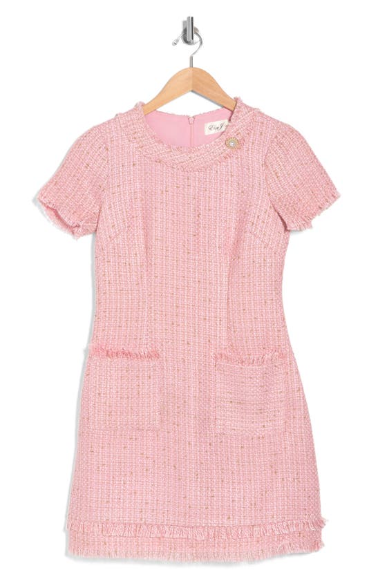 Eliza J Short Sleeve Fringed Tweed Dress In Blush