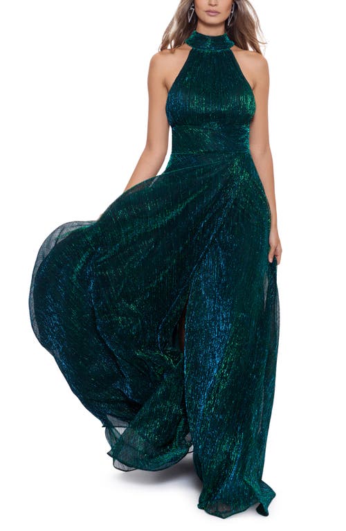 Betsy & Adam Halter Mock Neck Crinkle Faux Wrap Gown Jade at Nordstrom,