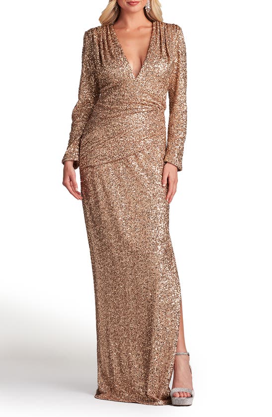 Shop Sho By Tadashi Shoji Sequin Ruched Long Sleeve Gown In Copper