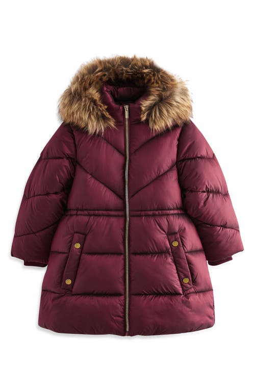 NEXT Kids' Hooded Puffer Coat with Faux Fur Trim in Dark Red 