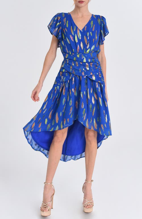 Palmina Metallic Leaf Print High-Low Dress in Blue
