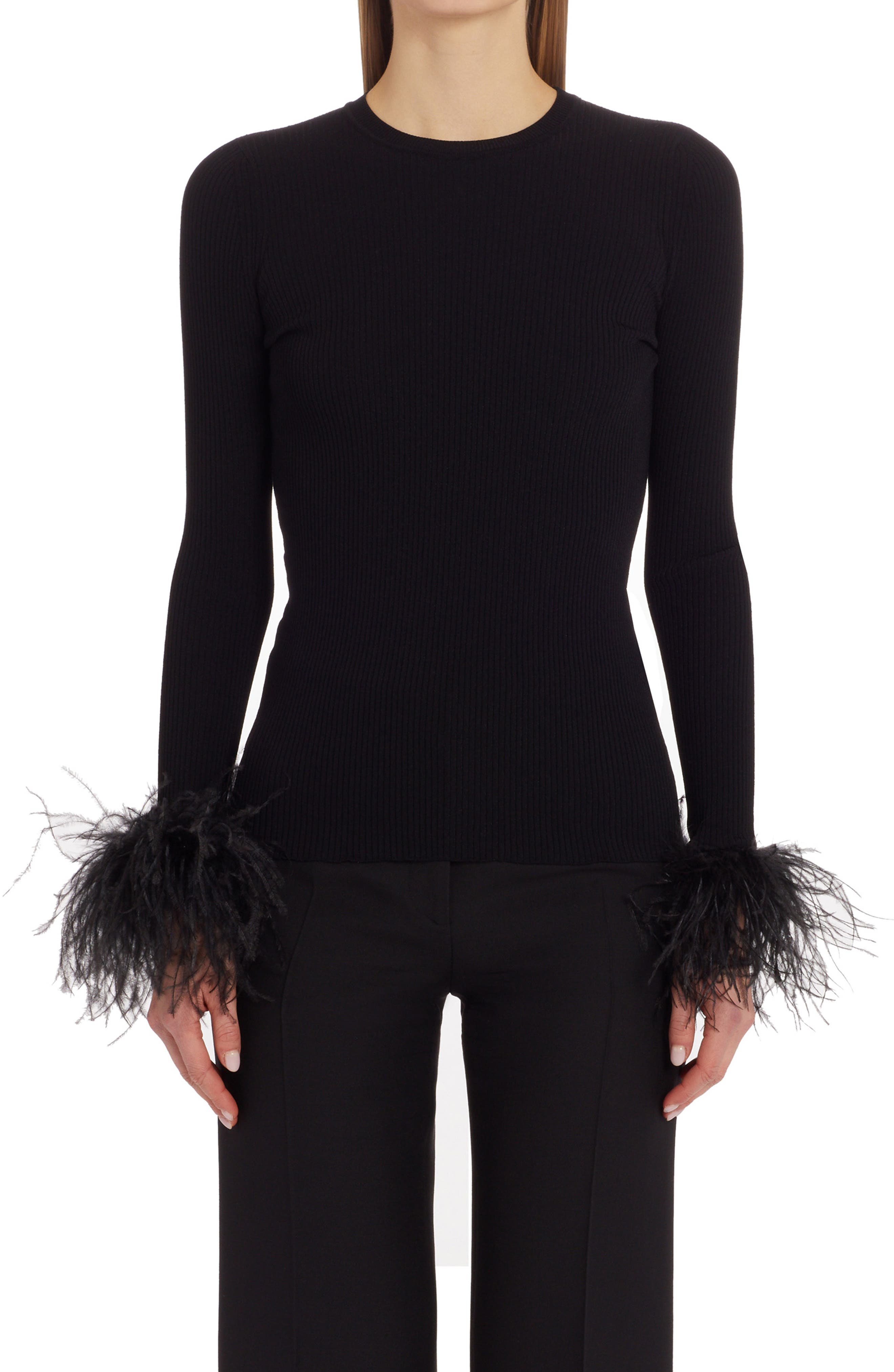 Valentino Feather Trim Rib Long Sleeve 