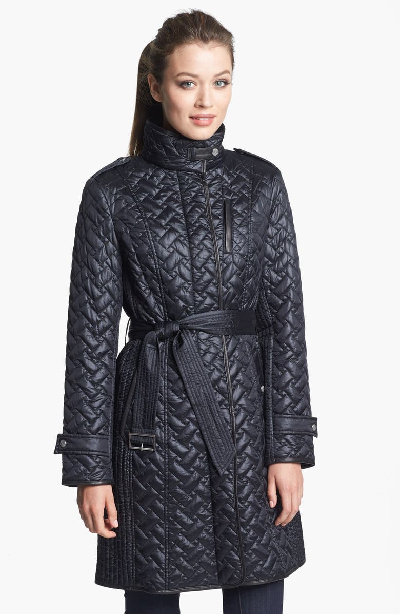 Cole Haan Leather Trim Belted Quilted Coat | Nordstrom