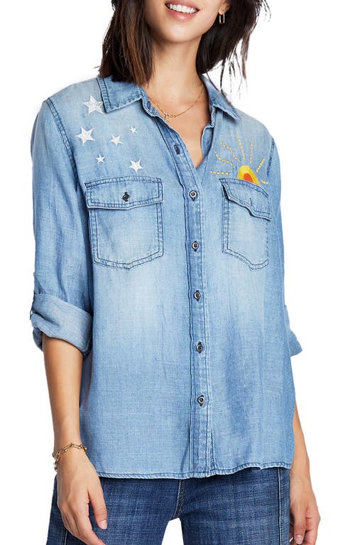 Billy T Hello Sunshine Embroidered Denim Button-up Shirt In Washed Blue
