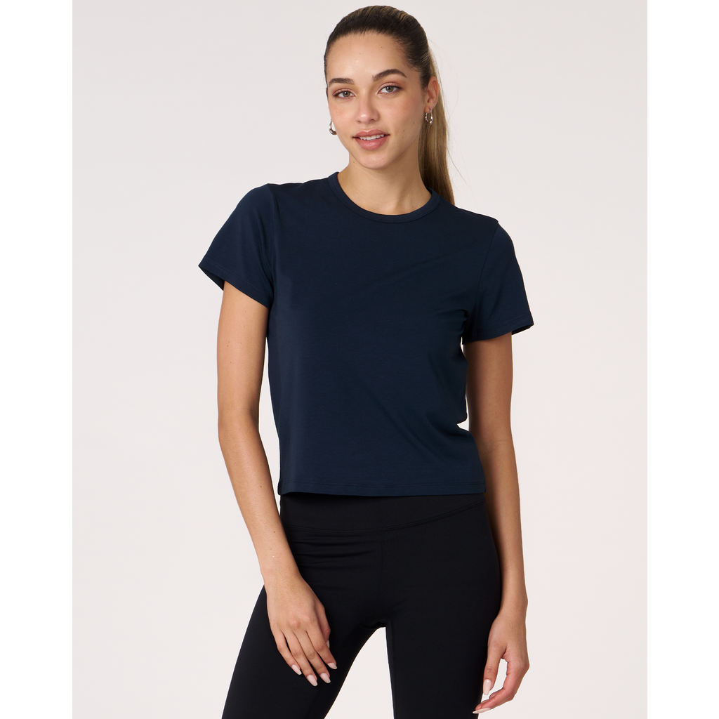 Rebody Active Rebody Essentials Short Sleeve Crop Tee In Navy