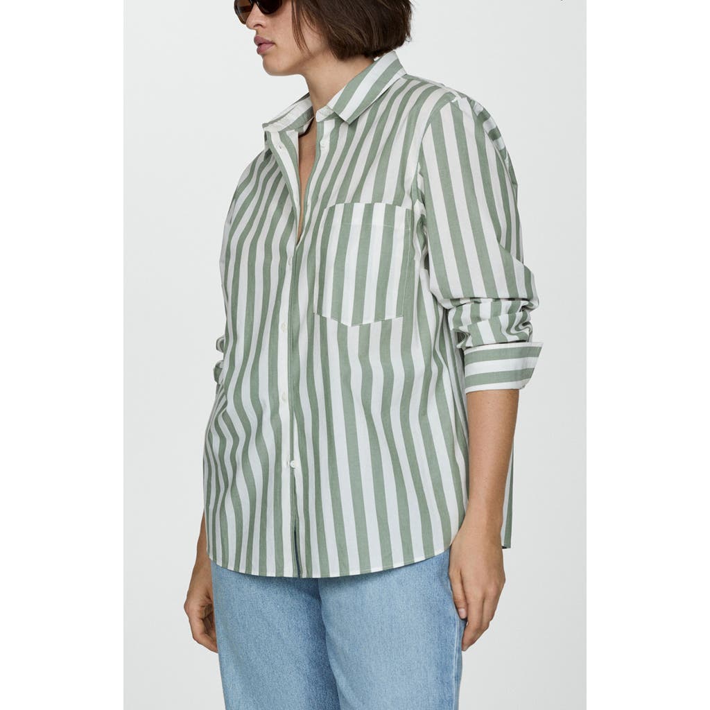 Shop Mango Stripe Cotton Button-up Shirt In Green
