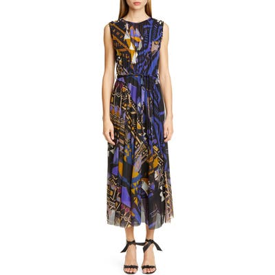 Fuzzi Print Belted Gathered Midi Dress, Black