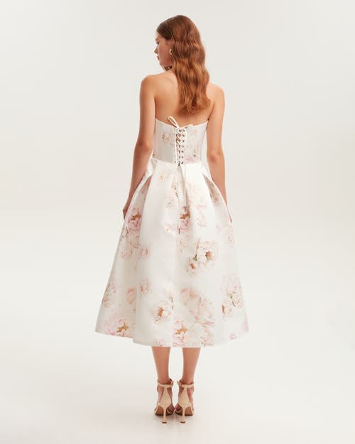 Shop Milla Strapless Midi Corset Dress With A Floral Print In Peony