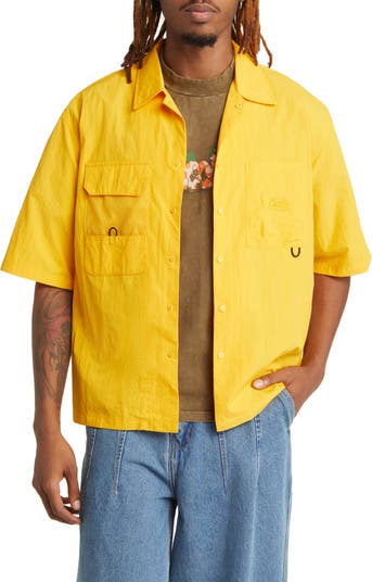 Checks Short Sleeve Nylon Snap-Up Fishing Shirt in Marigold at Nordstrom, Size XX-Large