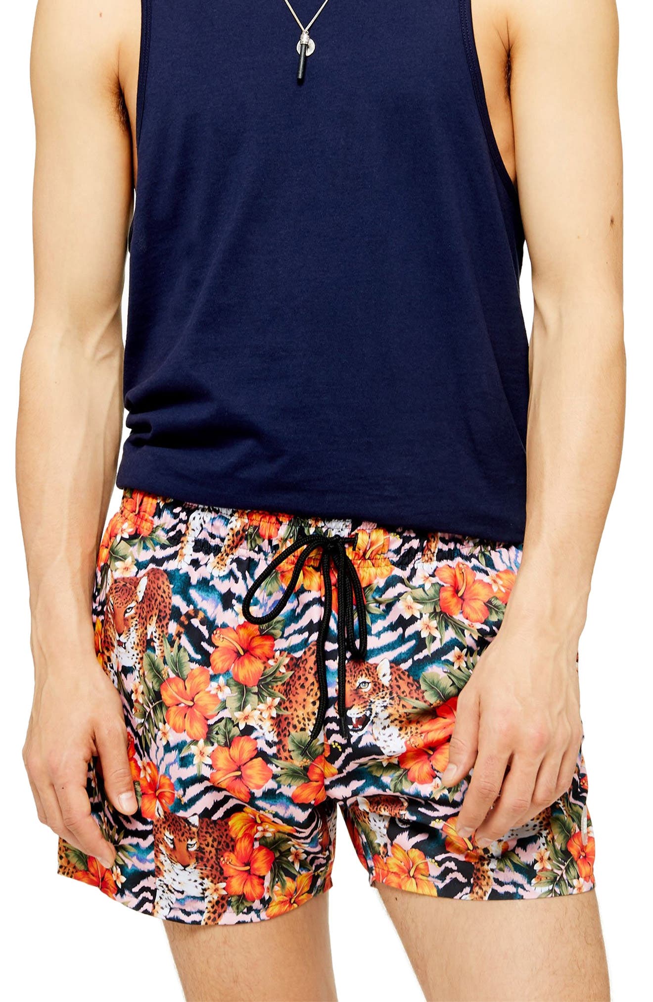 Topman Leopard Floral Swim Shorts, Orange