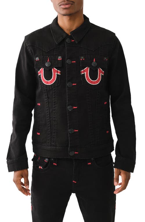 True Religion Brand Jeans Jimmy Big T Denim Trucker Jacket in Black Rinse