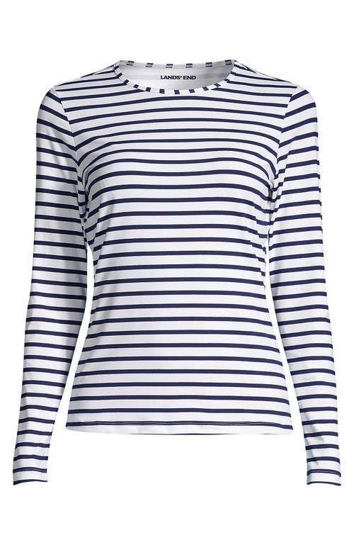 Shop Lands' End Crew Neck Long Sleeve Rash Guard Upf 50 Sun Protection Swim Tee In White/deep Sea Stripe