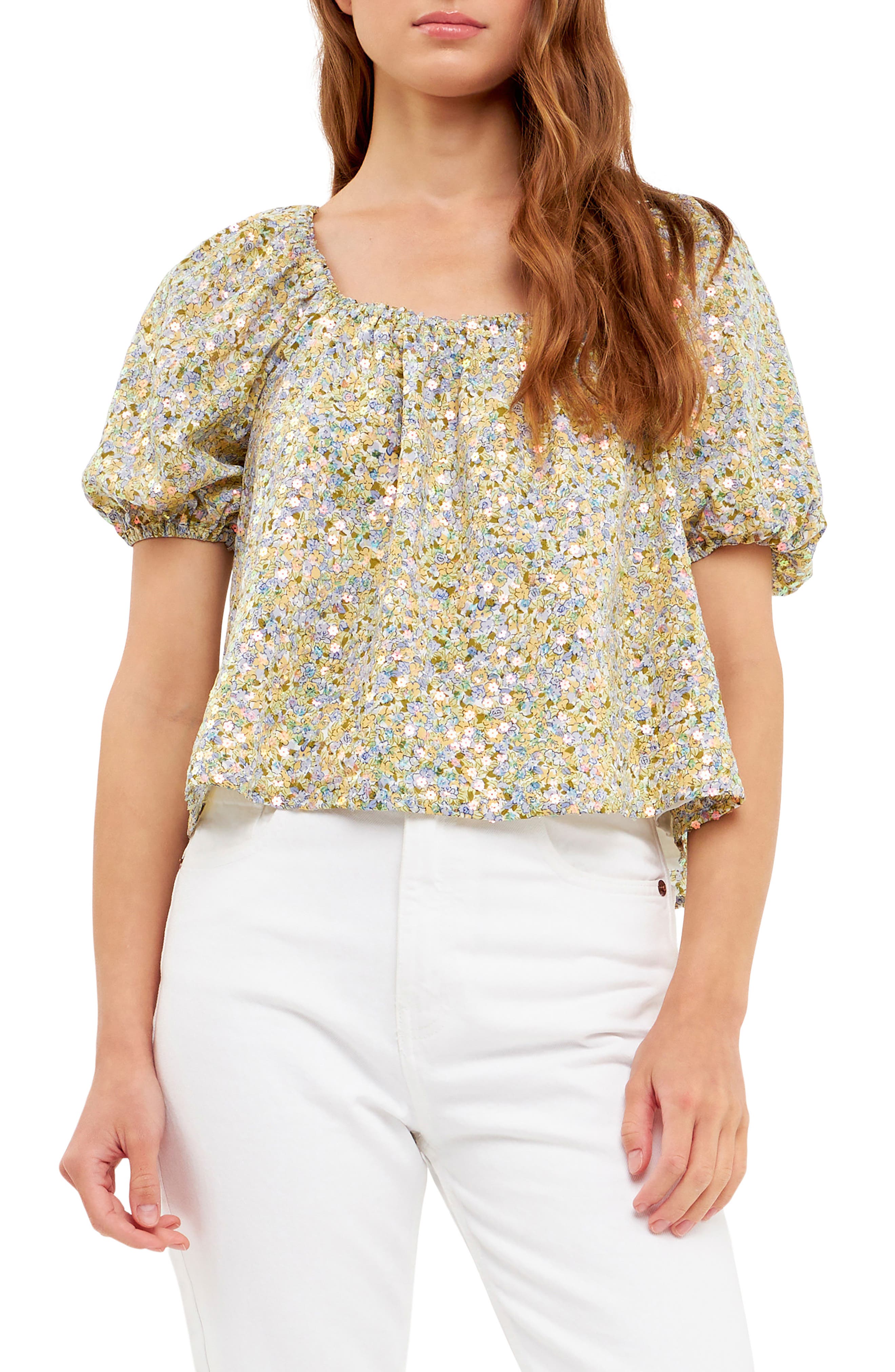 Botrong Womens Round Collar Printed Sequins Short Sleeve Tops 