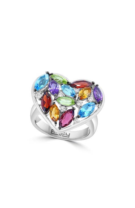 Sterling Silver Semiprecious Stone Cluster Heart Ring - Size 7