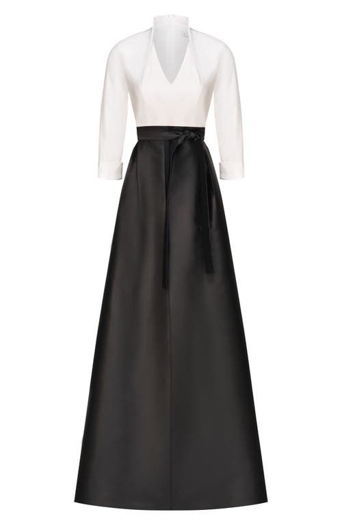 Kay Unger Sharon Tie Belt Three-quarter Sleeve Satin Maxi Jumpsuit In White Black