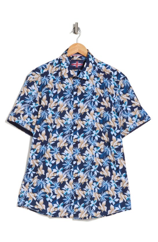 Soul Of London Performance Short Sleeve Button-up Shirt In Navy