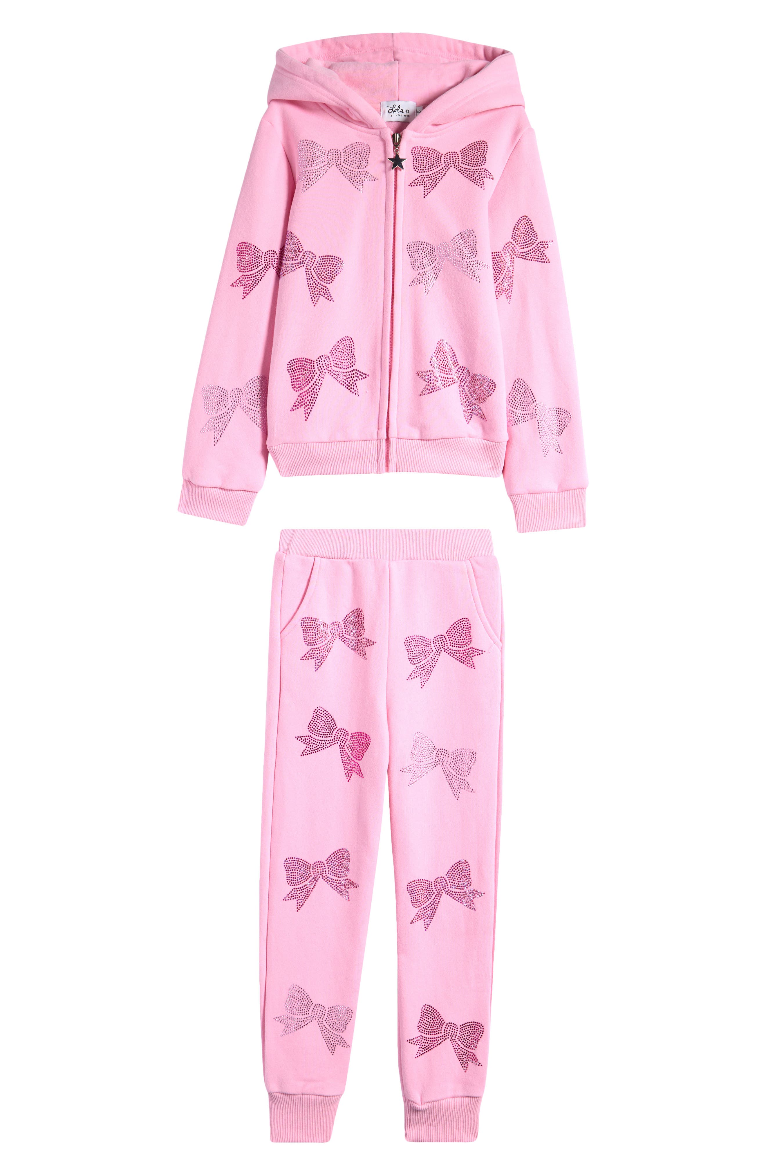 Lola & the Boys Kids' Rhinestone Bow Zip-Up Hoodie & Joggers Set in Pink 