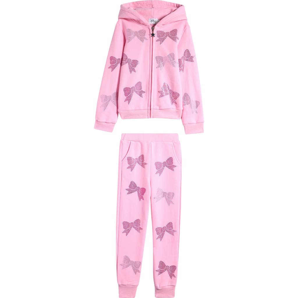 Lola & the Boys Kids' Rhinestone Bow Zip-Up Hoodie & Joggers Set in Pink