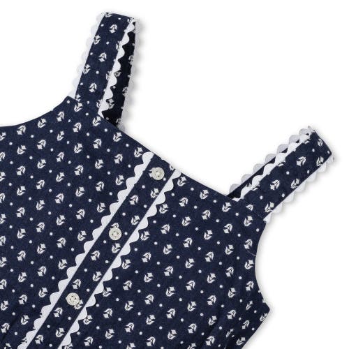 Shop Hope & Henry Girls' Scallop Trim Button Front Linen Romper, Infant In Navy Riviera Print