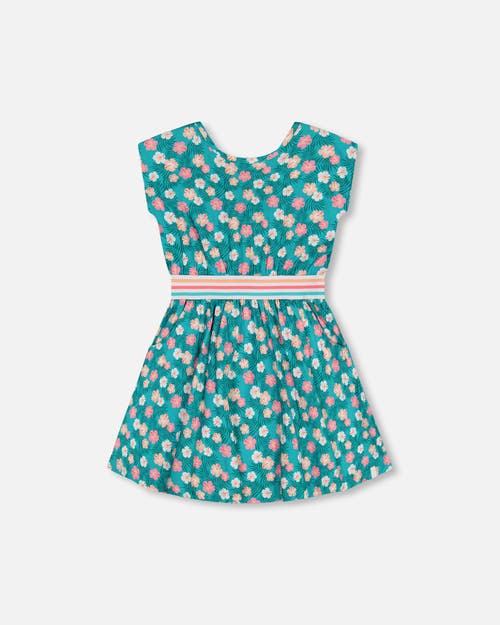 Deux Par Deux Little Girl's Striped Elastic Waist Viscose Dress Turquoise Printed in Printed Small Ibiscus at Nordstrom