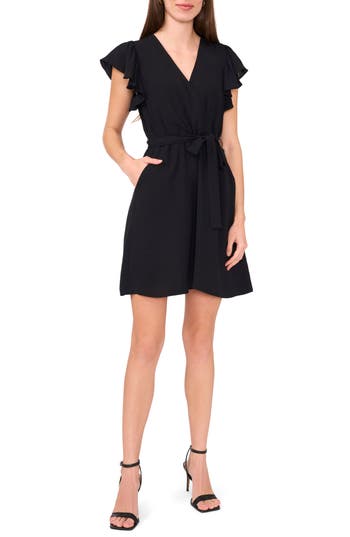 Shop Halogen ® Flutter Sleeve Tie Waist Dress In Rich Black