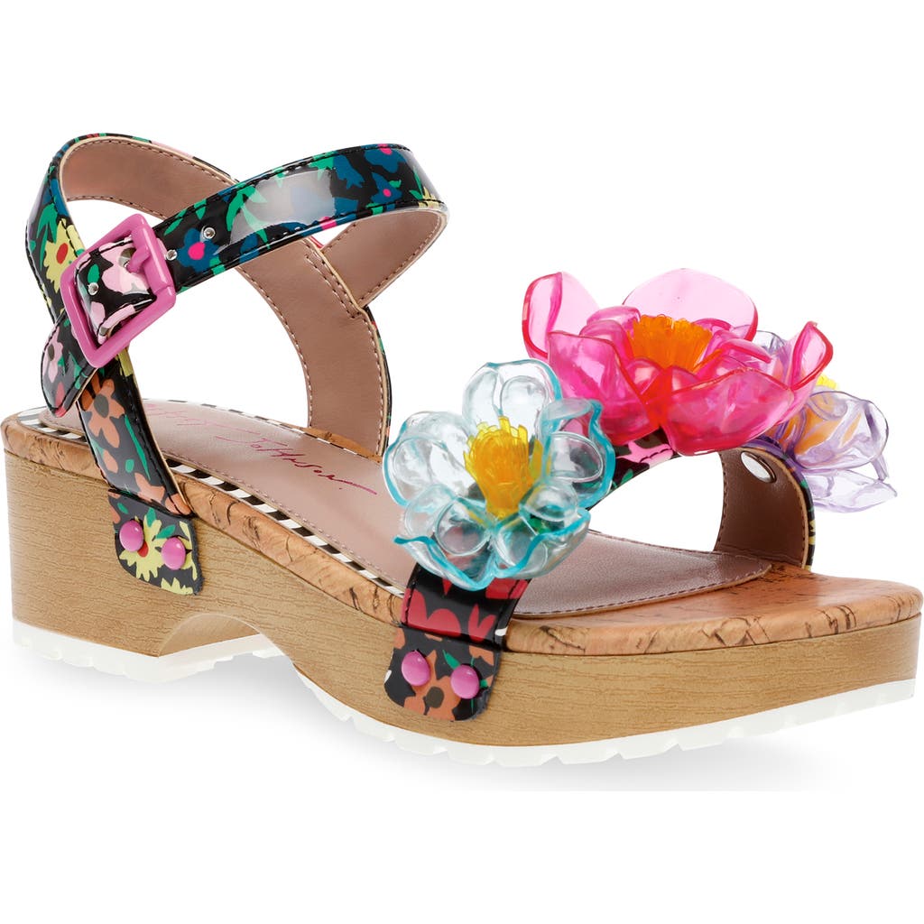Betsey Johnson Little And Big Girls Oakly Clog Sandals With Flower Details In Black/pink Multi