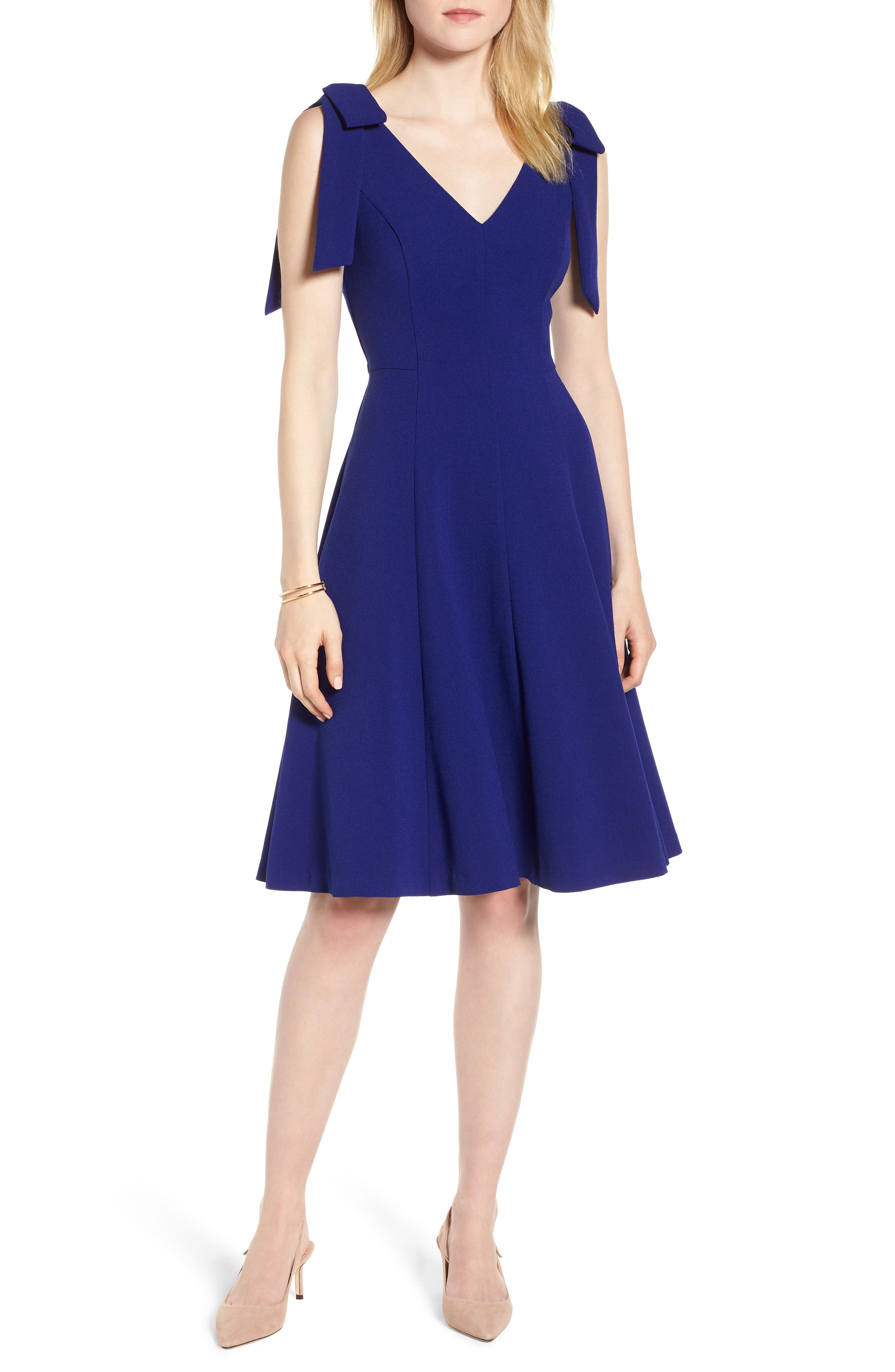 1901 Bow Shoulder Fit & Flare Cocktail Dress, Blue