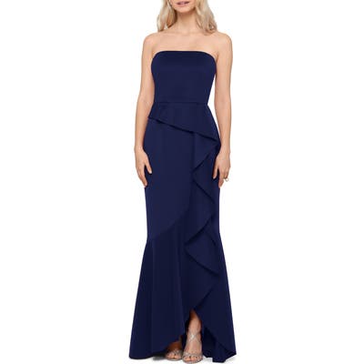 Xscape Strapless Ruffle Detail Scuba Crepe Gown, Blue