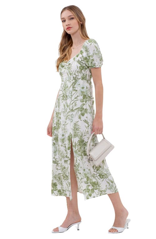 Shop Blu Pepper Floral Puff Sleeve Front Slit Midi Dress In Olive