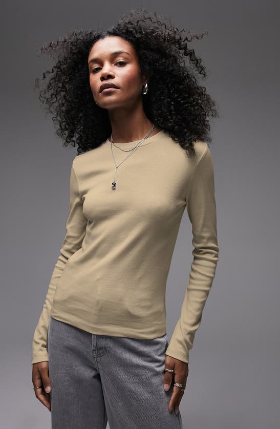 Shop Topshop Slim Long Sleeve Cotton Top In Stone