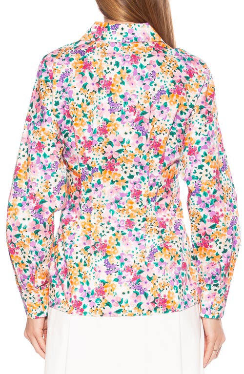Alexia Admor Calliope Fitted Long Sleeve Button-up Shirt In White/purple Floral Multi