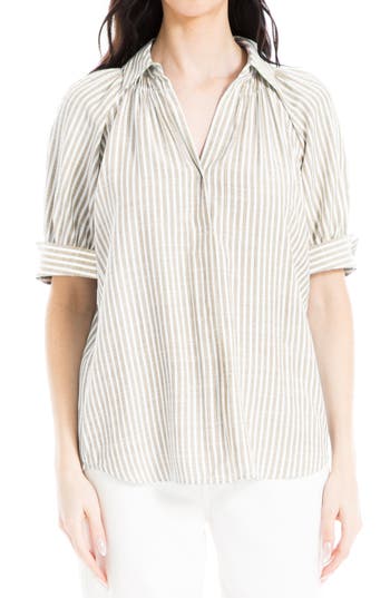 Shop Max Studio Stripe Short Sleeve Blouse In Taupe/black Framed Stripe