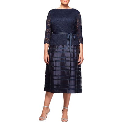 Plus Size Alex Evenings Mock Two-Piece A-Line Midi Dress, Blue