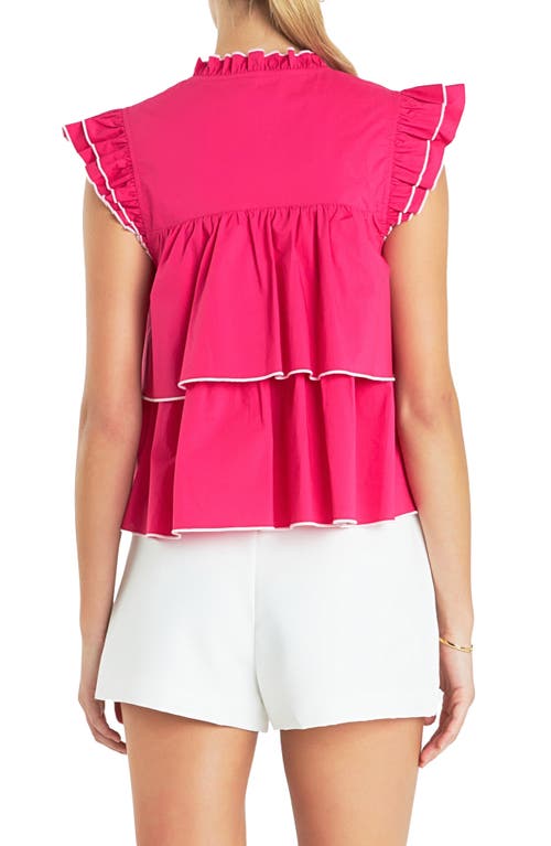 English Factory Ruffle Sleeve Tiered Cotton Top In Fuchsia