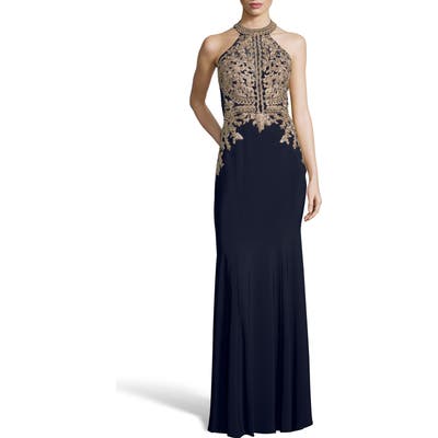 Xscape Lace Applique Open Back Evening Dress, Blue