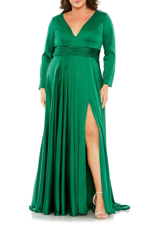 Long Sleeve V-Neck A-Line Gown (Plus)