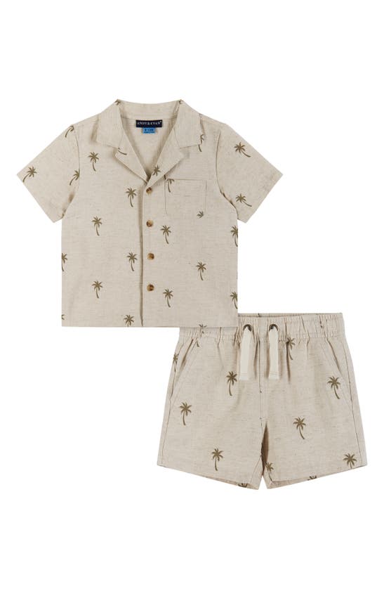 Shop Andy & Evan Camp Shirt & Shorts Set In Beige Palm